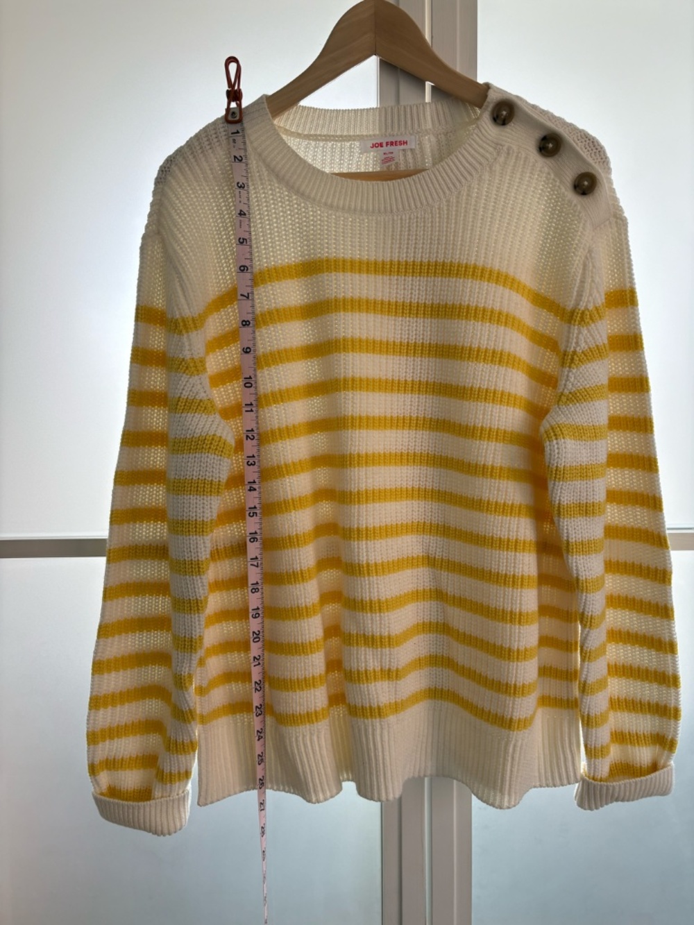 oJe Fresh Breton Stripe Sweater Ivory Yellow Shoulder Buttons XL - Picture 4 of 9